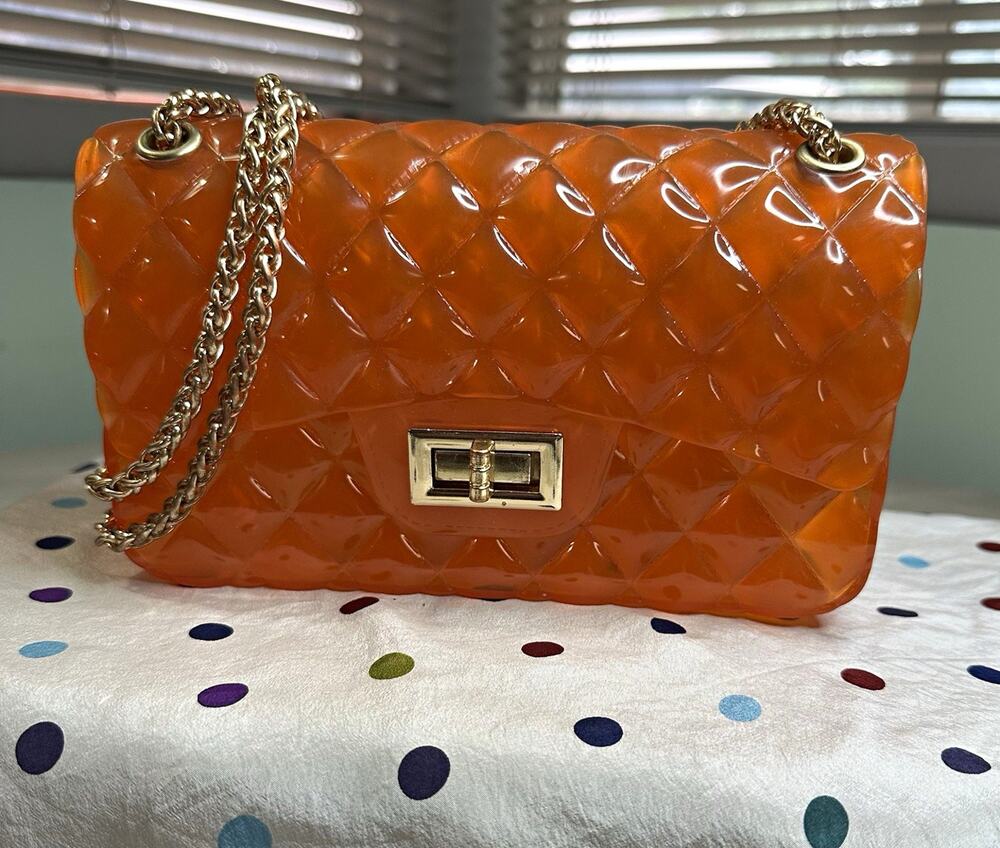 Orange Gel Quilted Small Crossbody Bag Gold Chain Strap Turn-Lock Closure